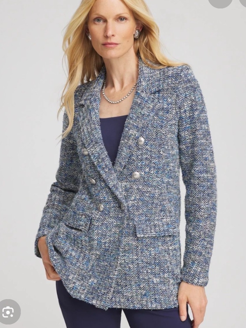 😍Chico's Blue Multi Tweed Double-Breasted Blazer XS
